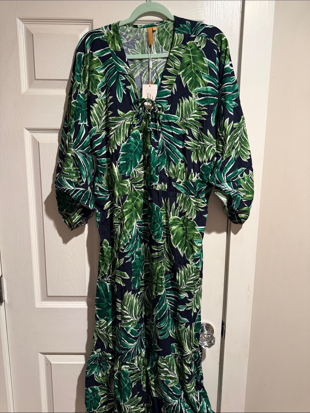 Tropical Green Leaf Maxi Dress with Tie Front